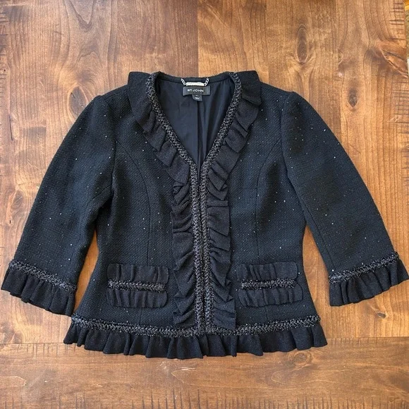 ST. JOHN Couture Black Sequin Tweed Ruffle Jacket Blazer Size 8 | Wool Silk - Picture 1 of 8